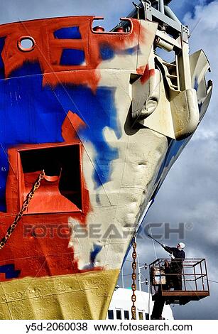 Stock Photo - Painting of old fishing trawler, shipyard, Reykjavik, Iceland.. Fotosearch