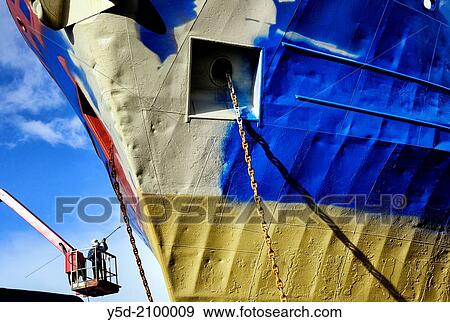 Stock Photo - Painting of old fishing trawler, shipyard, Reykjavik, Iceland.. Fotosearch