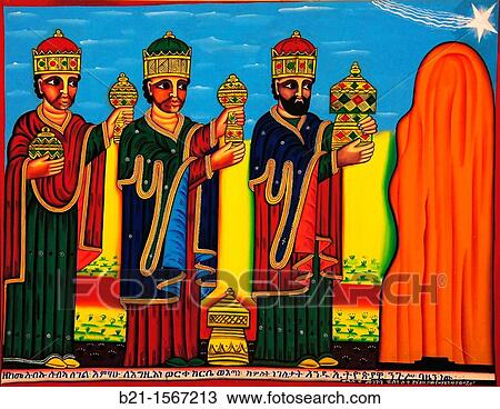 Stock Image - Painting representing the Holy Three Kings following the star, Axum Museum, Ethiopia. Fotosearch