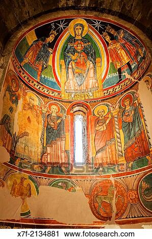 Stock Image - Paintings in central apsis. Virgin Mary with Jesus as a child, church of Santa Maria. Romanesque church. Ta? ll. Bo? valley, Lleida province, Catalunya. Spain.. Fotosearch