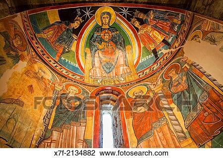 Stock Image - Paintings in central apsis. Virgin Mary with Jesus as a child, church of Santa Maria. Romanesque church. Ta? ll. Bo? valley, Lleida province, Catalunya. Spain.. Fotosearch