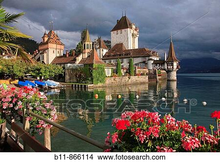 Picture - Palais Oberhofen at the village of Oberhofen at Lake Thun, Thunersee, canton Bern, Switzerland. Fotosearch