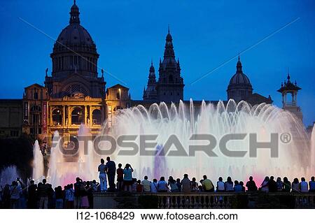 Palau Nacional and Magic fountain at Montjuich, Barcelona, Catalonia, Spain View Large Photo Image Stock Photo - Palau Nacional and Magic fountain at Montjuich, Barcelona, Catalonia, Spain. Fotosearch