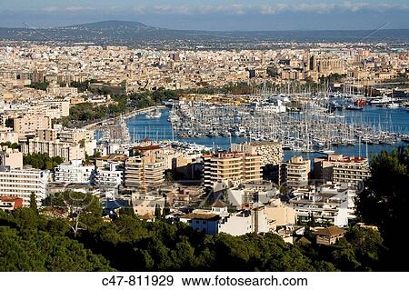 Palma de Mallorca harbor bay from Bellver castle, Majorca, Balearic Islands, Spain View Large Photo Image Stock Photo - Palma de Mallorca harbor bay from Bellver castle, Majorca, Balearic Islands, Spain. Fotosearch
