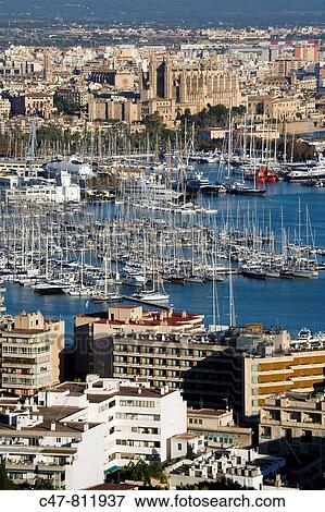 Palma de Mallorca harbor bay from Bellver castle, Majorca, Balearic Islands, Spain View Large Photo Image Stock Photo - Palma de Mallorca harbor bay from Bellver castle, Majorca, Balearic Islands, Spain. Fotosearch