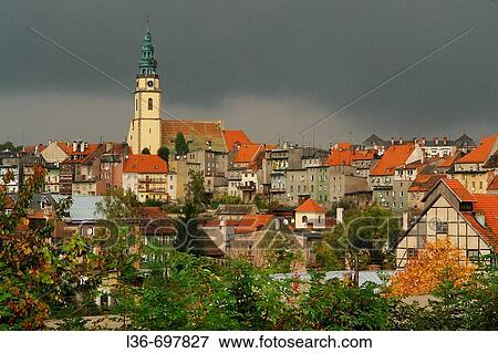 Stock Photo - Panorama of the old town of Bystrzyca Klodzka. Lower Silesia, Poland. Fotosearch