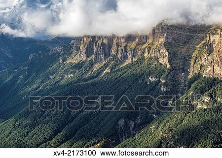 Panoramic views of gorge and pics with fog forest into the Ordesa an Monte Perdido National Park, Sobrarbe, Huesca Pyrenees, arag? n, Spain. View Large Photo Image Stock Image - Panoramic views of gorge and pics with fog forest into the Ordesa an Monte Perdido National Park, Sobrarbe, Huesca Pyrenees, arag? n, Spain.. Fotosearch