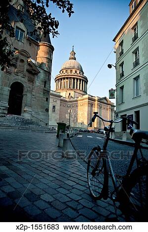Stock Image - Pantheon view from Montagne St Genevieve, the street where the actor of? Midnight in Paris? Woody Allen each night go, Paris, France. Fotosearch