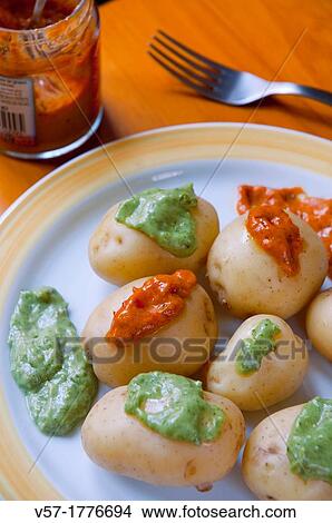 Papas arrugadas with mojo sauce. Canary Islands, Spain. View Large Photo Image Picture - Papas arrugadas with mojo sauce. Canary Islands, Spain.. Fotosearch
