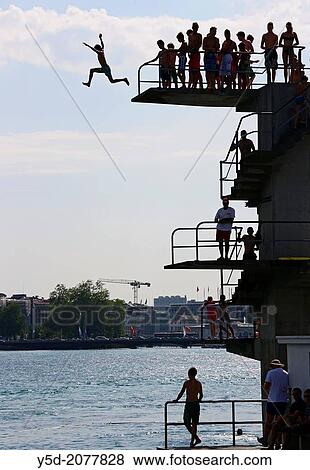 Stock Photo - Paquis beach, Lake Geneva, Geneva, Switzerland. Fotosearch