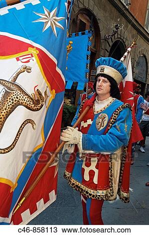 Stock Image - Parade during? Palio? traditional festival. Siena. Tuscany. Italy.. Fotosearch