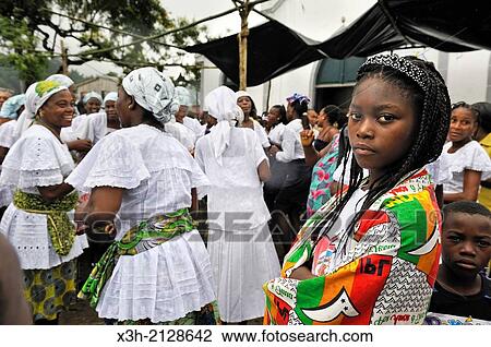 Stock Image - parish fair dedicated to Sao Izidoro in the village of Ribeira Afonso on the East coast of Sao Tome Island, Republic of Sao Tome and Principe, Africa.. Fotosearch