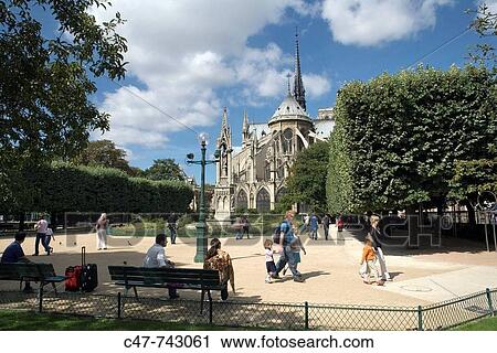 Park, Notre Dame cathedral in background. Paris. France. View Large Photo Image Stock Image - Park, Notre Dame cathedral in background. Paris. France.. Fotosearch