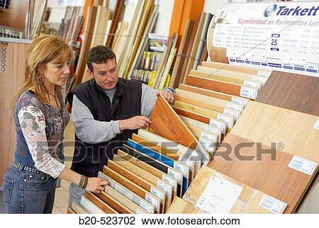 Stock Image - Parquets and pavements samples. Paints and decoration shop. Eibar, Gipuzkoa, Euskadi. Spain.. Fotosearch
