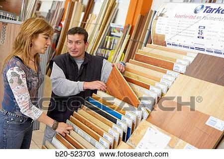 Stock Image - Parquets and pavements samples. Paints and decoration shop. Eibar, Gipuzkoa, Euskadi. Spain.. Fotosearch