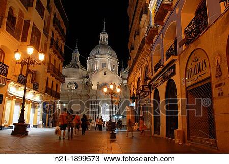 Partial view of the Basilica de Nuestra Seora del Pilar at night as seen from Alfonso I street Zaragoza, Arag? n, Spain, Europe View Large Photo Image Stock Image - Partial view of the Basilica de Nuestra Seora del Pilar at night as seen from Alfonso I street Zaragoza, Arag? n, Spain, Europe. Fotosearch