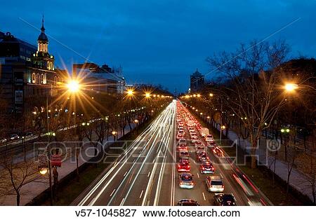 Stock Photo - Paseo de la Castellana from Juan Bravo bridge, night view. Madrid, Spain.. Fotosearch