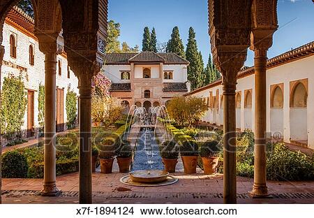 Patio de la Acequia courtyard of irrigation ditch El Generalife La Alhambra Granada Andalusia View Large Photo Image Picture - Patio de la Acequia courtyard of irrigation ditch El Generalife La Alhambra Granada Andalusia. Fotosearch