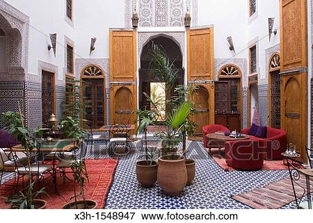 Stock Photo - patio of La cle de Fes Riad, medina, Morocco, North Africa. Fotosearch