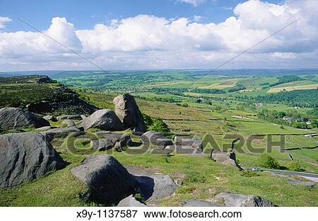 Stock Photo - Peak District National Park Limestone landscape below millstone grit rocks of Curbar Edge, NE of Bakewell, Derbyshire, England. Fotosearch
