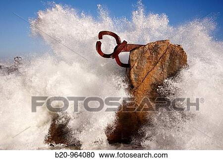 Stock Image - ? Peine del Viento? sculpture by Eduardo Chillida, San Sebastian, Guipuzcoa, Basque Country, Spain. Fotosearch