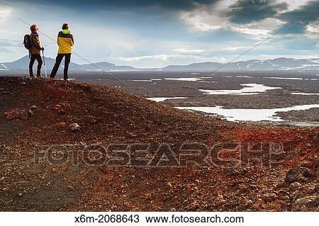 Stock Image - Peope in Askja caldera route. Central highlands. Iceland, Europe.. Fotosearch