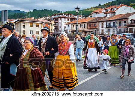 Stock Photography - People in regional costume. Fiesta del Orujo (Orujo fair). Potes, Comarca de Li? bana, Cantabria, Spain.. Fotosearch
