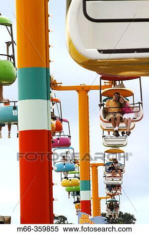People riding colorful gondola cars above the Santa Cruz Boardwalk in Northern California, USA. View Large Photo Image Stock Photography - People riding colorful gondola cars above the Santa Cruz Boardwalk in Northern California, USA.. Fotosearch