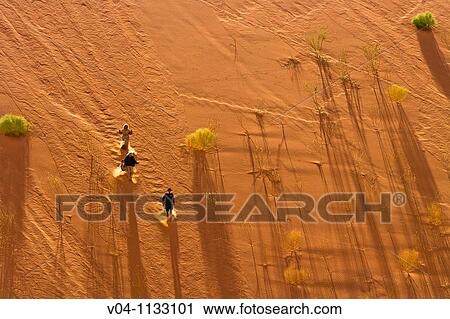 Stock Image - People running down a red dune in the Dead Vlei in Namibia, Southern Africa. Fotosearch