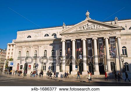 People walking in fron of the opera house at Rossio square Baixa district central Lisbon Portugal Europe View Large Photo Image Stock Photo - People walking in fron of the opera house at Rossio square Baixa district central Lisbon Portugal Europe. Fotosearch