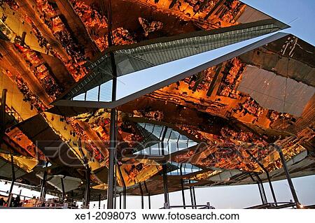 Stock Image - Pergola with mirrors, Encants Vells new building, Fira de Bellcaire, arch. Fermin Vazquez, 2013, Barcelona, Catalonia, Spain. Fotosearch