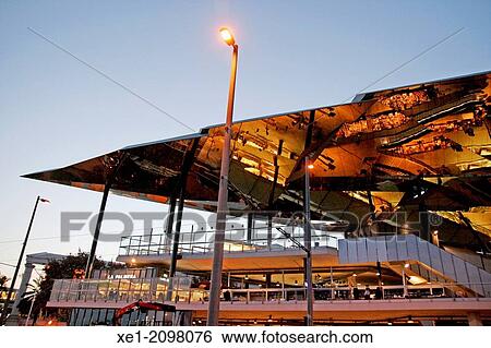 Stock Photograph - Pergola with mirrors, Encants Vells new building, Fira de Bellcaire, arch. Fermin Vazquez, 2013, Barcelona, Catalonia, Spain. Fotosearch