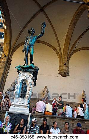 Perseus, bronze sculpture by Benvenuto Cellini (1545-54) at Loggia dei Lanzi, Piazza della Signoria. Florence, Italy View Large Photo Image Stock Photo - Perseus, bronze sculpture by Benvenuto Cellini (1545-54) at Loggia dei Lanzi, Piazza della Signoria. Florence, Italy. Fotosearch
