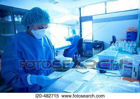 Stock Photography - Pharmacy, drug preparation in hood, horizontal laminar flow cabinet. Hospital Universitario Gran Canaria Doctor Negrin, Las Palmas de Gran Canaria. Canary Islands, Spain. Fotosearch
