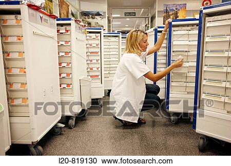 Stock Image - Pharmacy medication carts. Hospital Universitario de Gran Canaria Doctor Negrin, Las Palmas de Gran Canaria. Canary Islands, Spain. Fotosearch