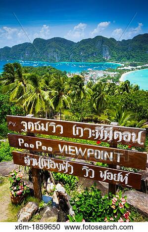 Stock Image - Phi Phi Don island from a viewpoint Krabi province, Andaman Sea, Thailand. Fotosearch