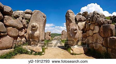 Stock Image - Photo of the Hittite releif sculpture on the Lion gate to the Hittite capital Hattusa 3. Fotosearch