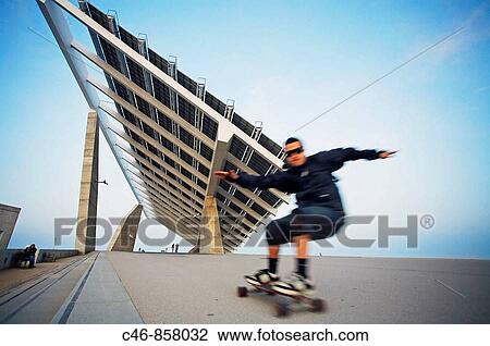 Stock Image - Photovoltaic pergola (3700 m2), Forum 2004, Barcelona. Catalonia, Spain. Fotosearch
