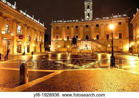 Piazza del Campidoglio, on the top of Capitoline Hill, with the facade of Palazzo Senatorio and the replica of the equestrian statue of Marcus Aurelius. View Large Photo Image Stock Photograph - Piazza del Campidoglio, on the top of Capitoline Hill, with the facade of Palazzo Senatorio and the replica of the equestrian statue of Marcus Aurelius.. Fotosearch