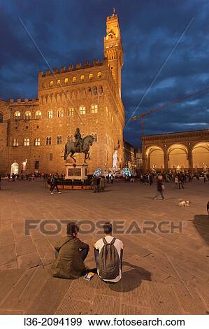 Stock Photo - Piazza della Signoria at night, Florence, Tuscany, Italy. Fotosearch