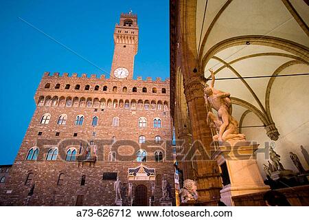 Piazza (square) Signoria. The Loggia dei Lanzi (or dell? Orcagna) with the statue of the? Ratto delle Sabine? by Giambologna and Palazzo (palace) Vecchio. Firenze. Italy View Large Photo Image Stock Image - Piazza (square) Signoria. The Loggia dei Lanzi (or dell? Orcagna) with the statue of the? Ratto delle Sabine? by Giambologna and Palazzo (palace) Vecchio. Firenze. Italy. Fotosearch