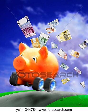 PIG MONEY BOX WITH FLYING EUROS SYMBOLIZING WASTING View Large Photo Image Picture - PIG MONEY BOX WITH FLYING EUROS SYMBOLIZING WASTING. Fotosearch