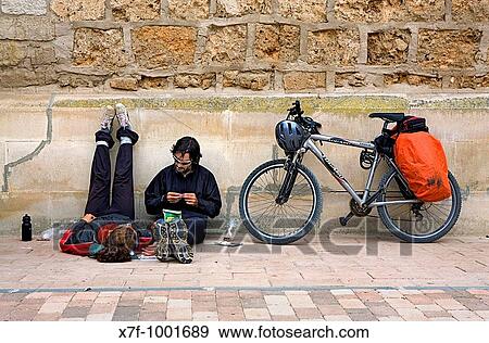 Stock Photo - pilgrims resting Belorado Burgos province Spain Camino de Santiago. Fotosearch