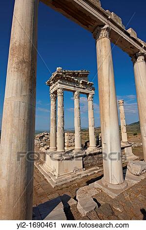 Pillars of the Greco - Roman Temple of Trajan, started by Trajan but after his death Emperor Hadrian 117-138 A Corinthian order temple on a terrace with dimensions of 68? 58m 223 10ft? 190 29ft Pergamon Bergama Archaeological Site, Turkey View Large Photo Image Stock Image - Pillars of the Greco - Roman Temple of Trajan, started by Trajan but after his death Emperor Hadrian 117-138 A Corinthian order temple on a terrace with dimensions of 68? 58m 223 10ft? 190 29ft Pergamon Bergama Archaeological Site, Turkey. Fotosearch