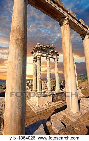 Pillars of the Greco - Roman Temple of Trajan, started by Trajan but after his death Emperor Hadrian 117-138 A Corinthian order temple on a terrace with dimensions of 68? 58m 223 10ft? 190 29ft Pergamon Bergama Archaeological Site, Turkey View Large Photo Image Stock Photograph - Pillars of the Greco - Roman Temple of Trajan, started by Trajan but after his death Emperor Hadrian 117-138 A Corinthian order temple on a terrace with dimensions of 68? 58m 223 10ft? 190 29ft Pergamon Bergama Archaeological Site, Turkey. Fotosearch