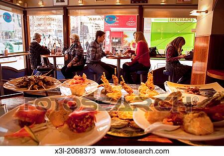 Stock Image - Pintxos bar, Pamplona. Navarre. Spain.. Fotosearch