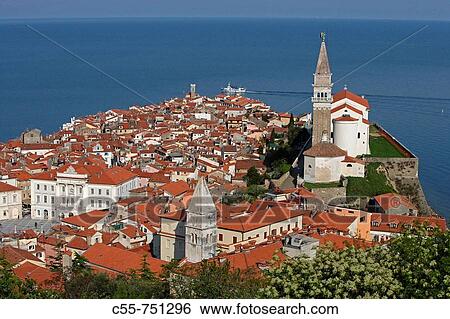 Piran, old town peninsula, italian style, Tartini Square, Town Hall, St George's Church, Belfry, Baptistry, St Francis's Church, Gulf of Piran, Adriatic sea, Slovenia View Large Photo Image Stock Photograph - Piran, old town peninsula, italian style, Tartini Square, Town Hall, St George's Church, Belfry, Baptistry, St Francis's Church, Gulf of Piran, Adriatic sea, Slovenia. Fotosearch