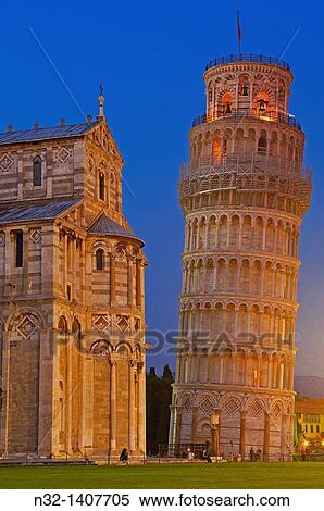 Stock Photography - Pisa, Cathedral, Duomo, Leaning Tower at Dusk, Piazza del Duomo, Cathedral Square, Campo dei Miracoli, UNESCO world heritage site, Tuscany, Italy. Fotosearch