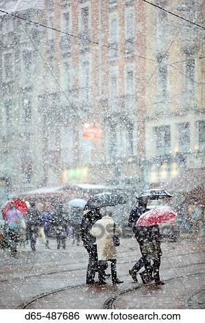 Stock Photograph - Place Grenette: Winter Snowstorm. Grenoble. Is? re. French Alps. France.. Fotosearch