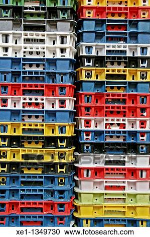 Stock Image - plastic boxes stacked, La Boqueria market, Barcelona, Catalonia, Spain.. Fotosearch